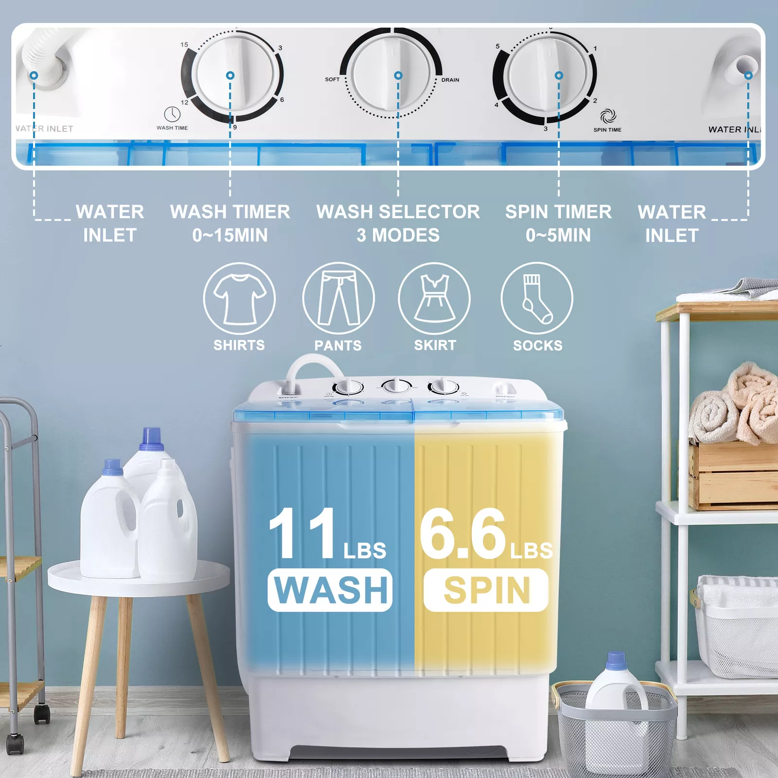 17.6lbs Twin Tub Portable Washer & Spin Dryer - Image 3