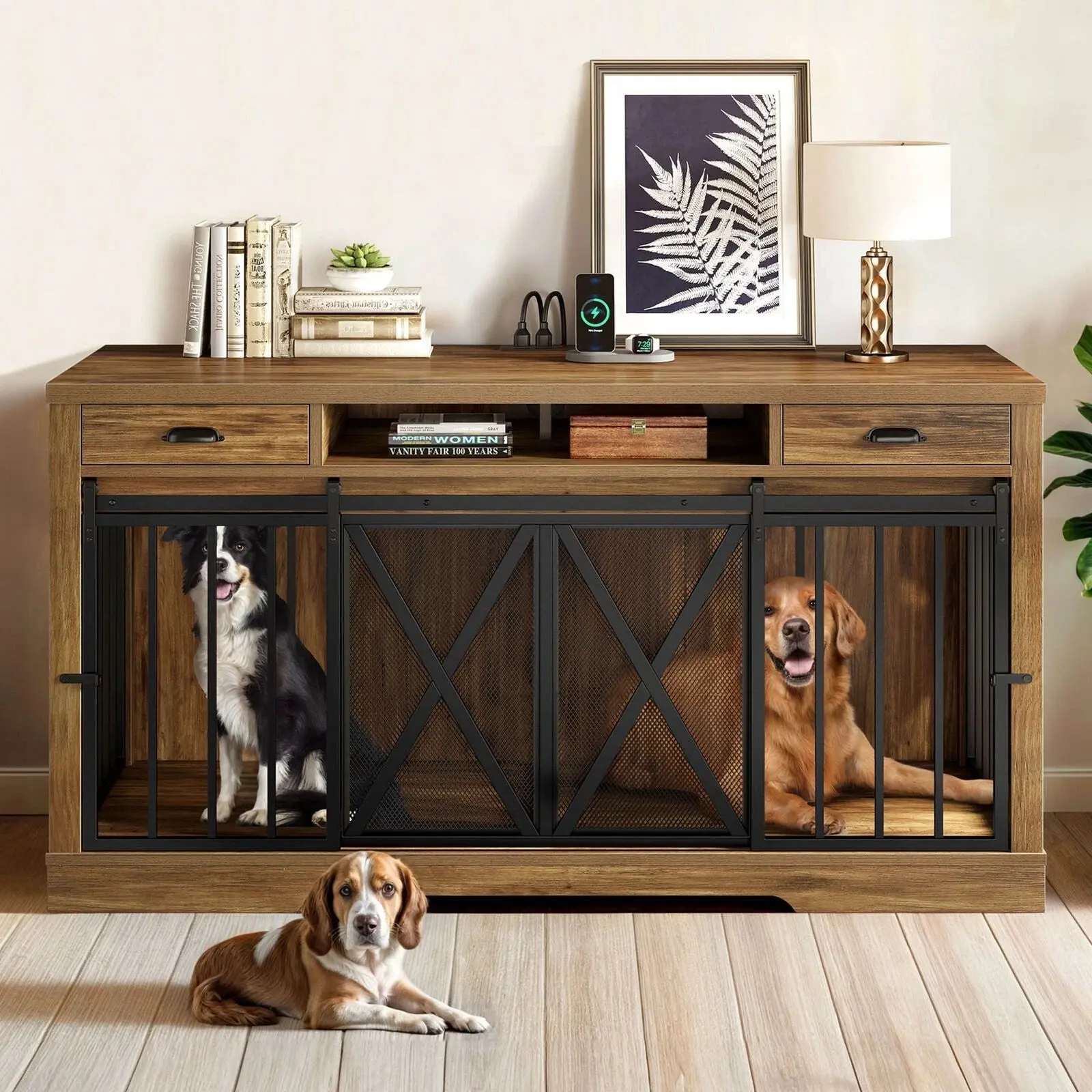 63" Zain Double Dog Crate Furniture For 2 Dogs