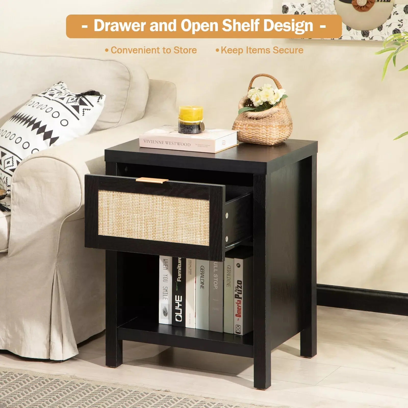 Ava Black Rattan Nightstand Table With Drawer - Image 3