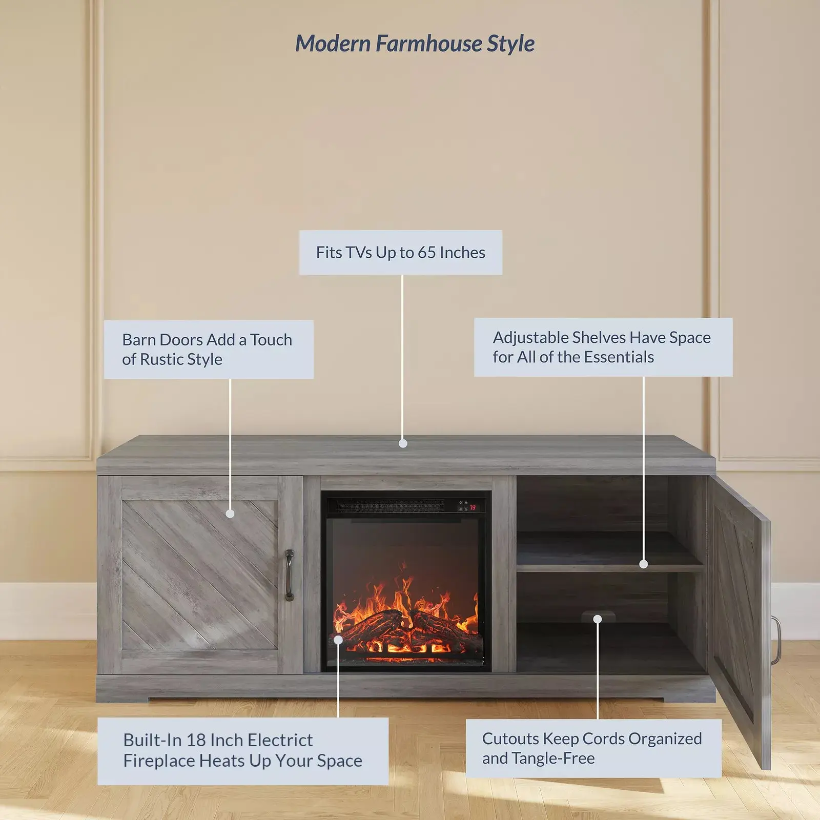 Bell Farmhouse Fireplace TV Stand (Up to 65") - Image 3