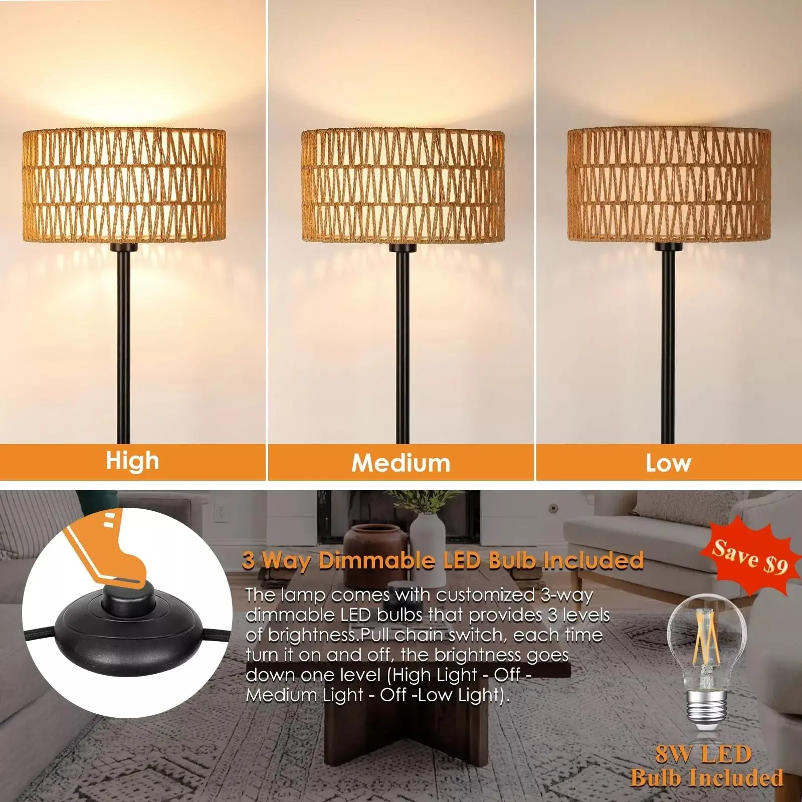 Boho Rattan Living Room Floor Lamp - Image 4