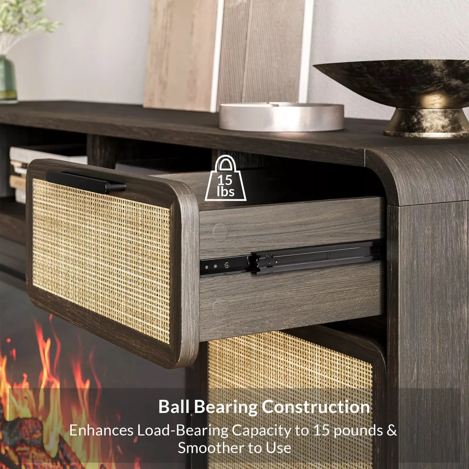 Case Mid Century Rattan Fireplace TV Stand (Up to 75") - Image 6