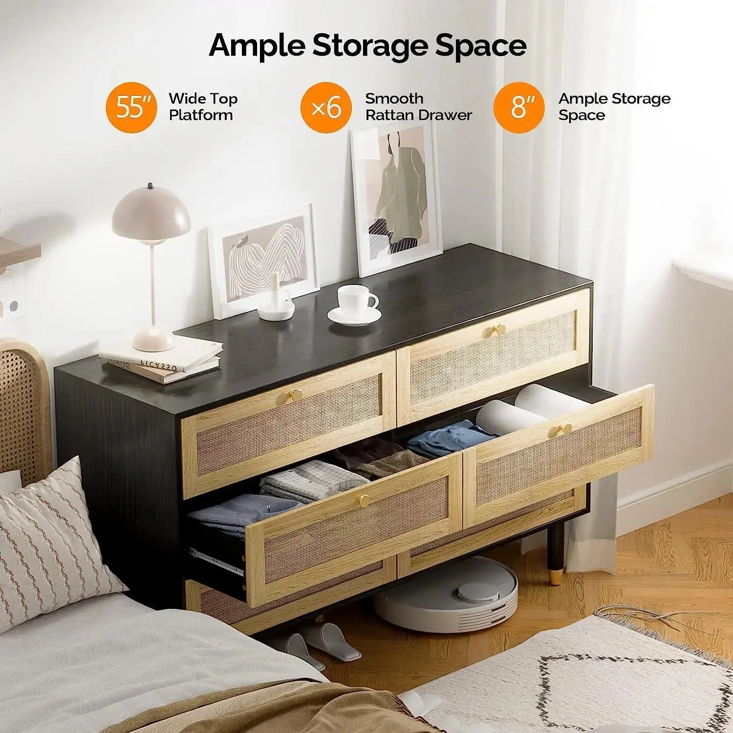Clark Rattan Wide Black 6 Drawer Chest Dresser - Image 3