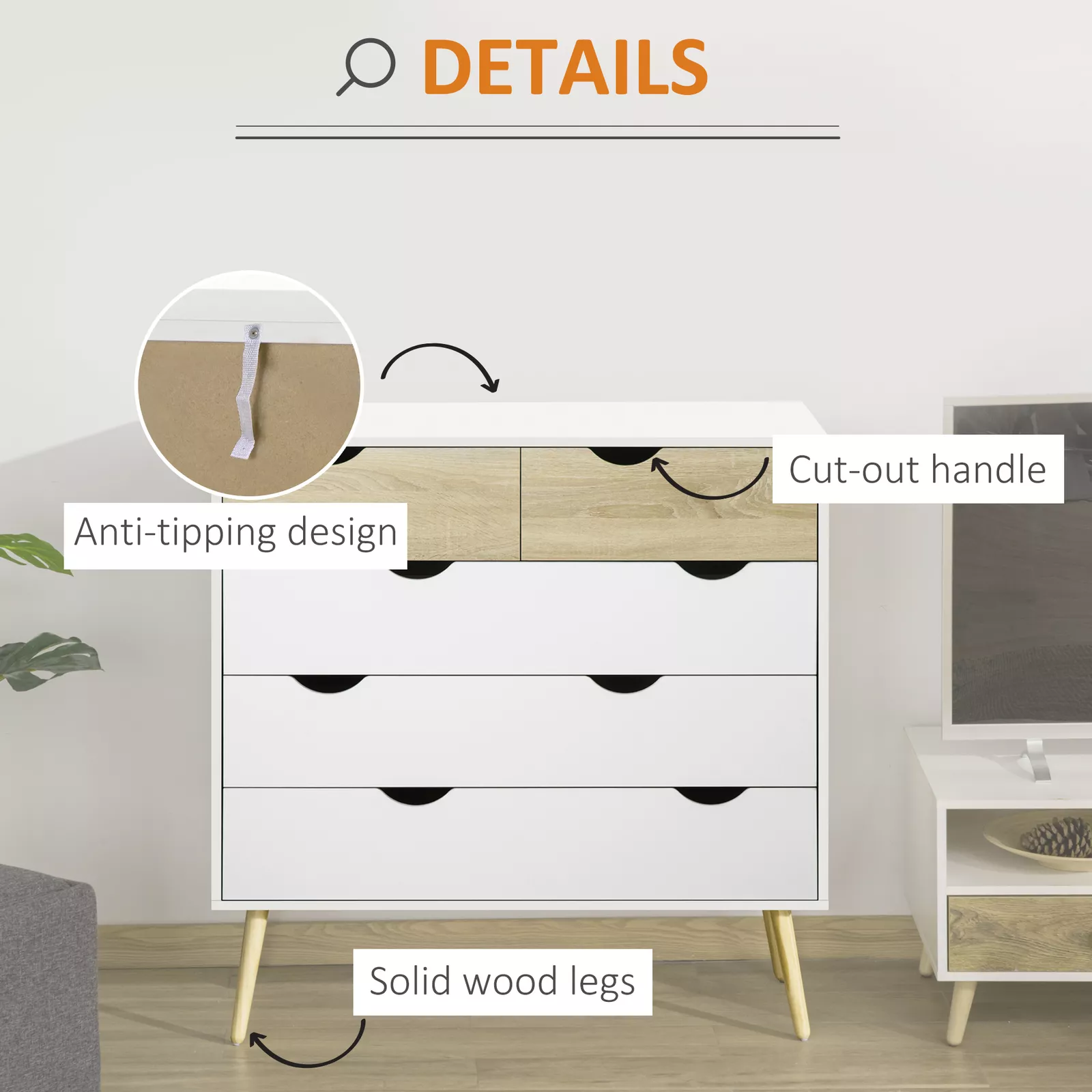 Dhruv White Bedroom 5 Dresser Chest - Image 3