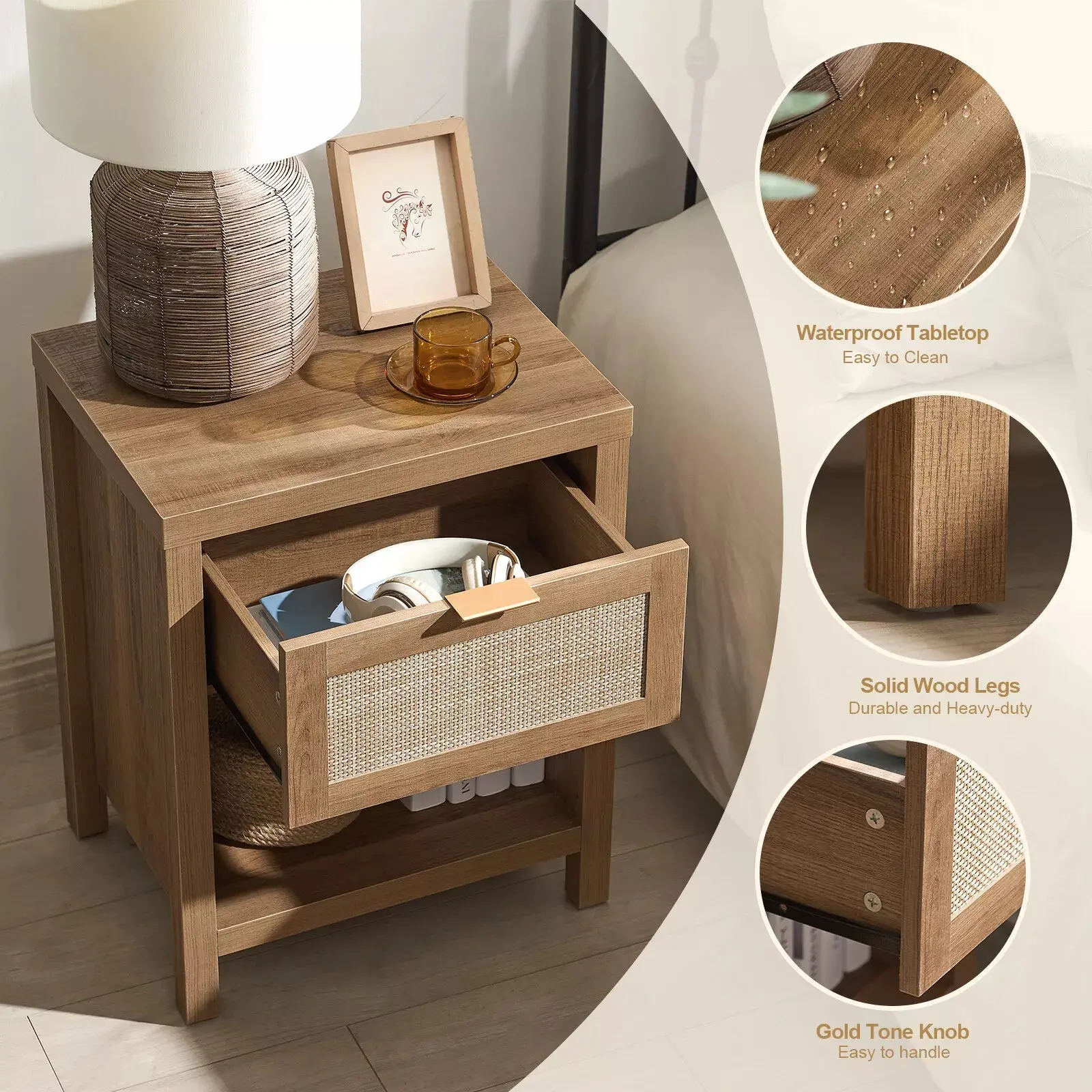 Duke Rattan Nightstand Table With Drawer - Image 3