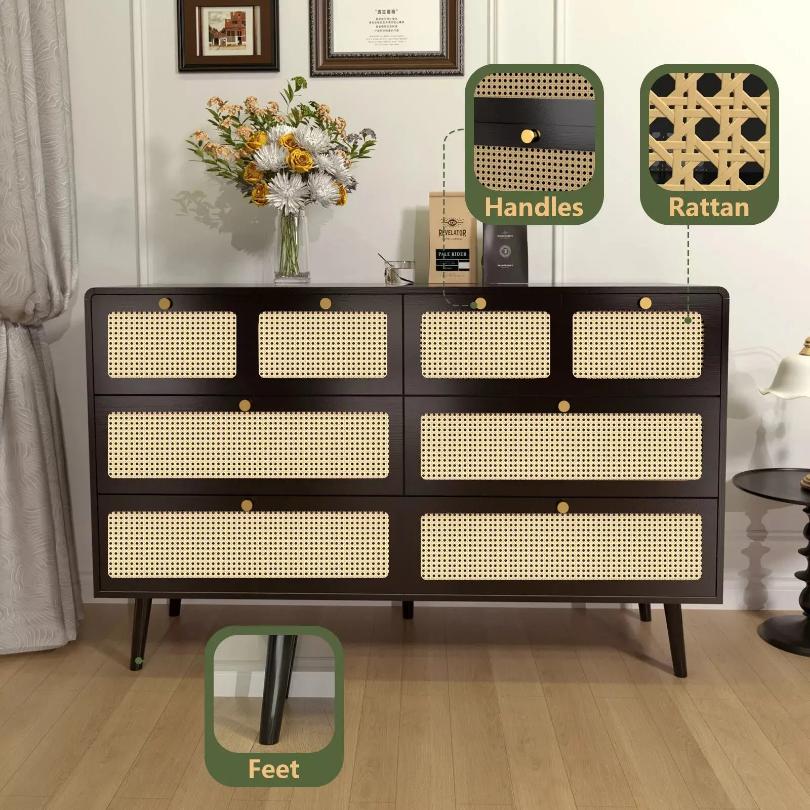 Elise Rattan Black 6 Drawer Chest Dresser - Image 3
