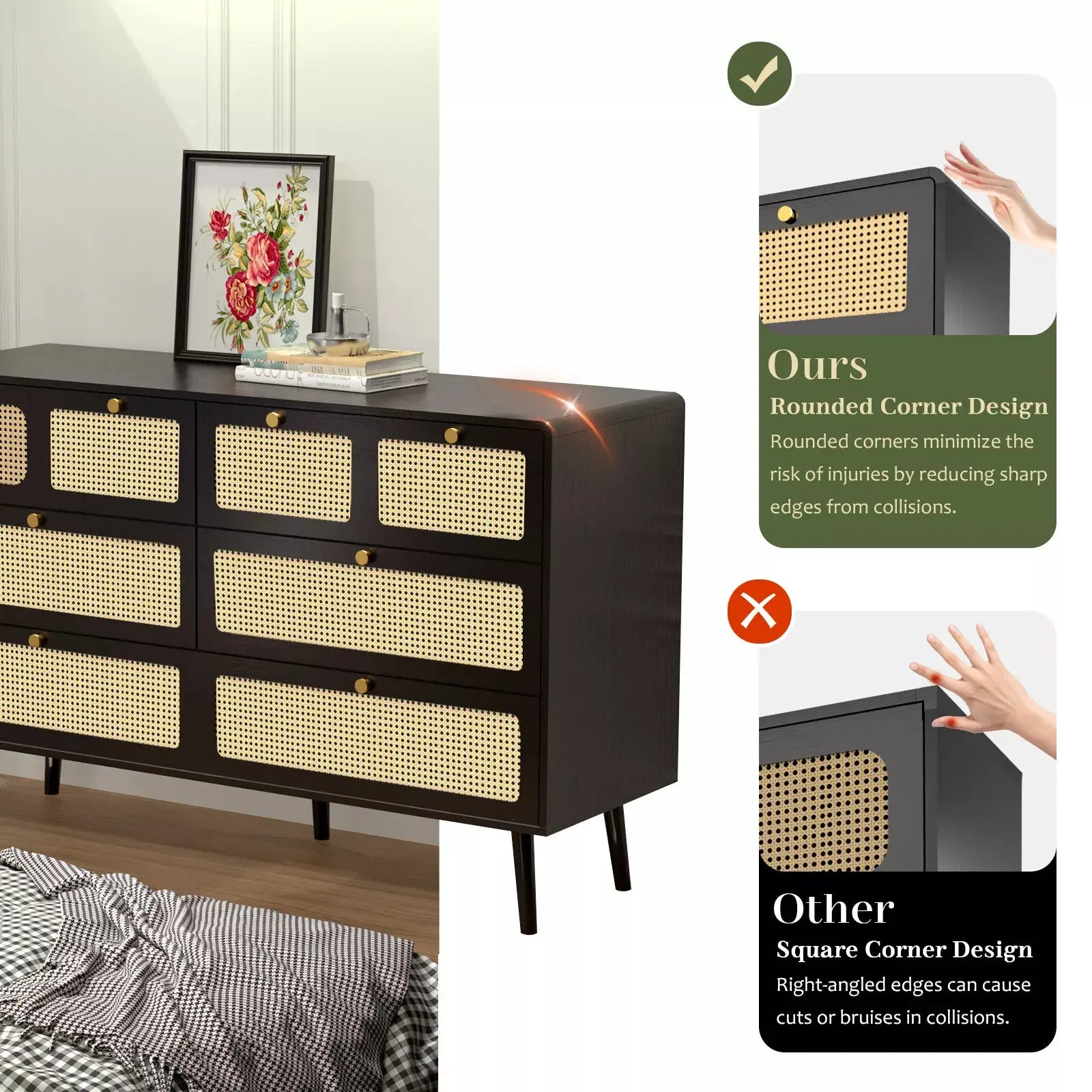 Elise Rattan Black 6 Drawer Chest Dresser - Image 4