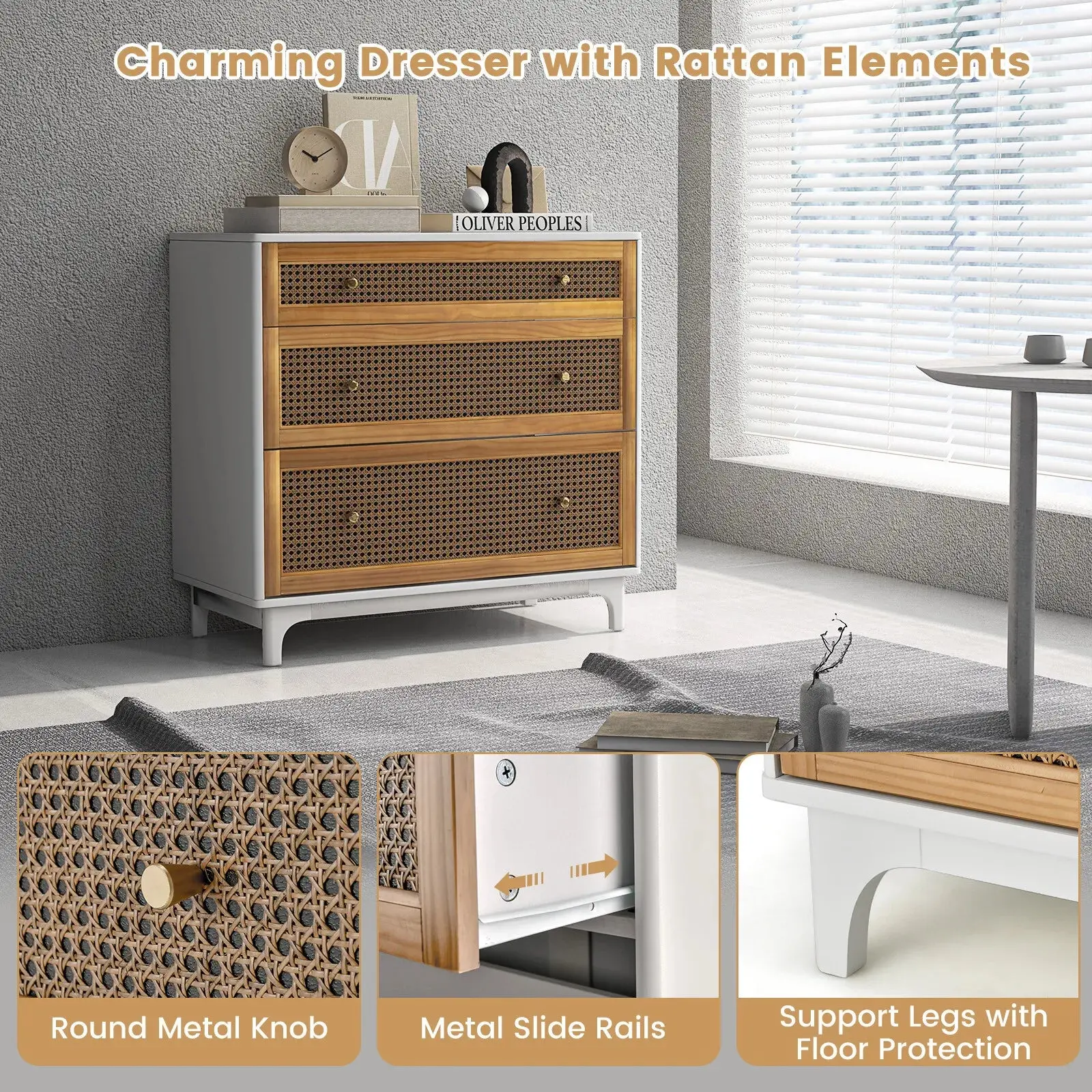 Erika Rattan Small White 3 Drawer Chest Dresser - Image 3