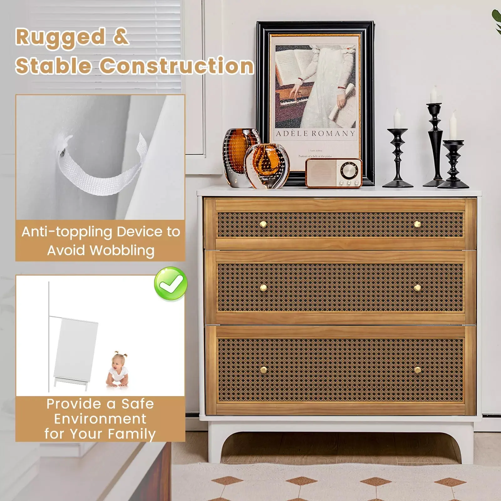 Erika Rattan Small White 3 Drawer Chest Dresser - Image 5