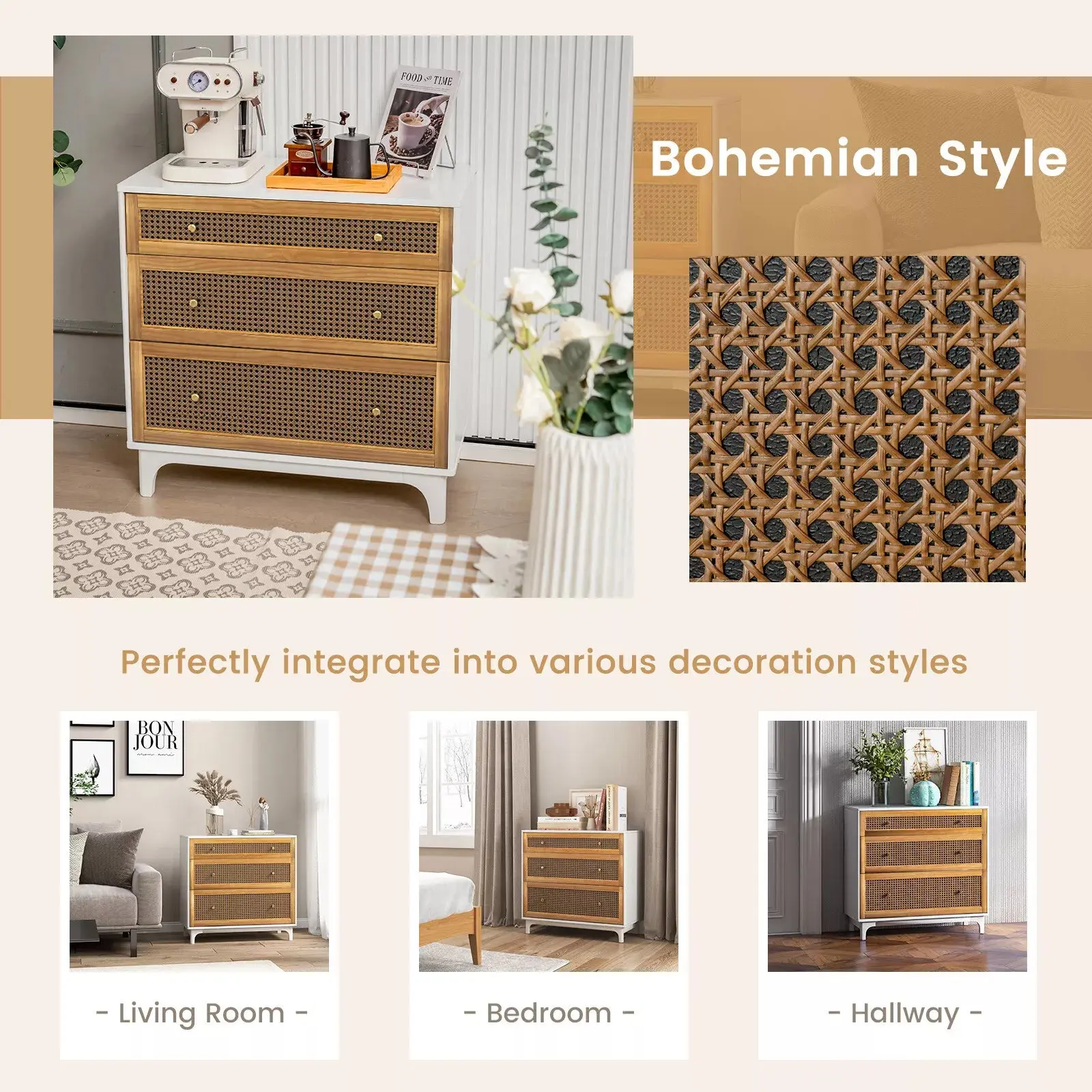 Erika Rattan Small White 3 Drawer Chest Dresser - Image 6