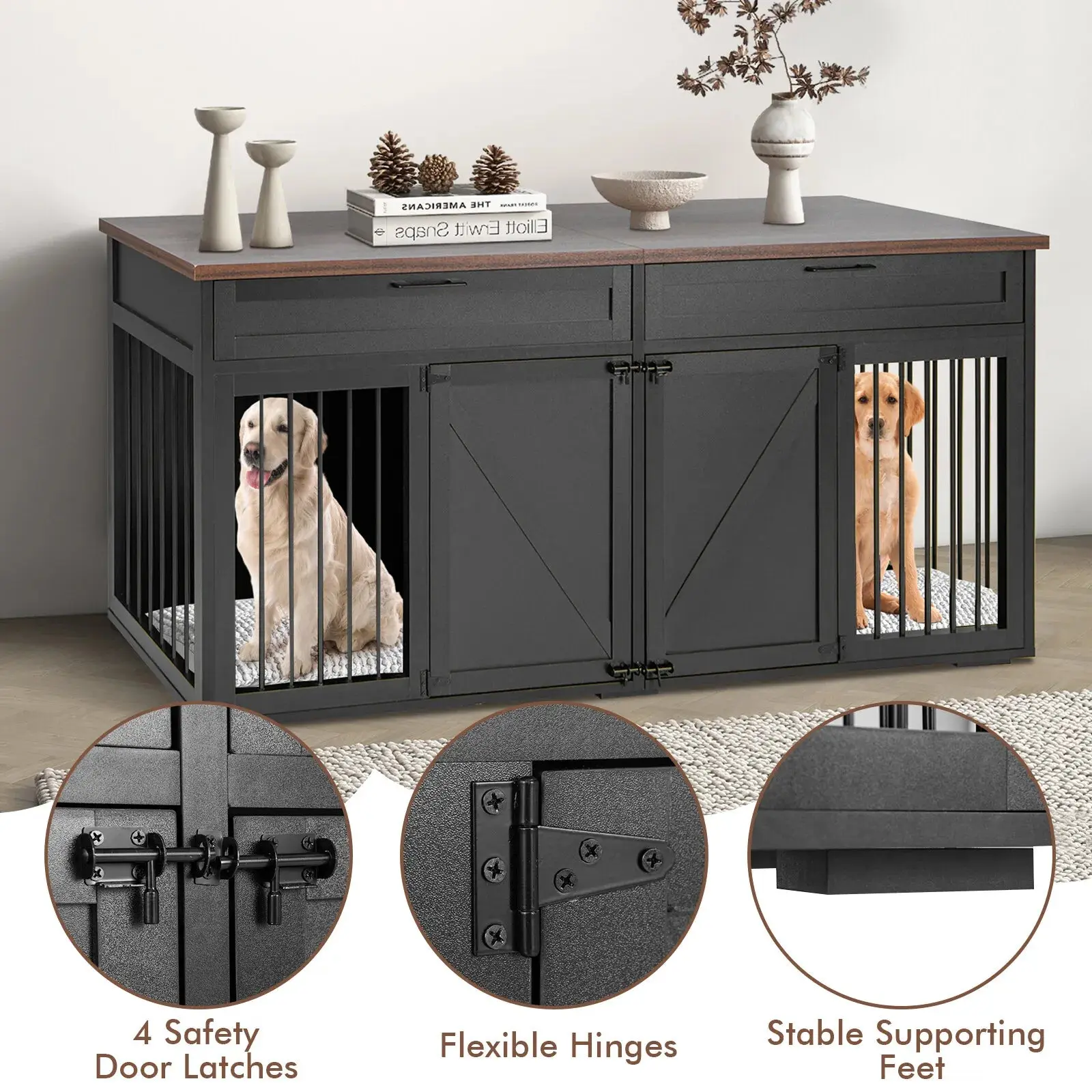 72" Farmhouse Double Dog Crate Furniture For 2 Dogs - Image 7