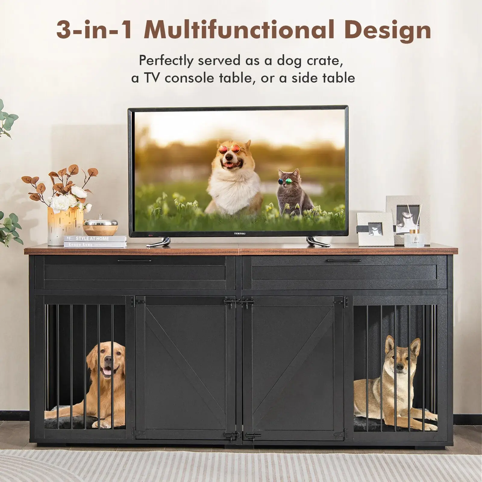 72" Farmhouse Double Dog Crate Furniture For 2 Dogs - Image 8