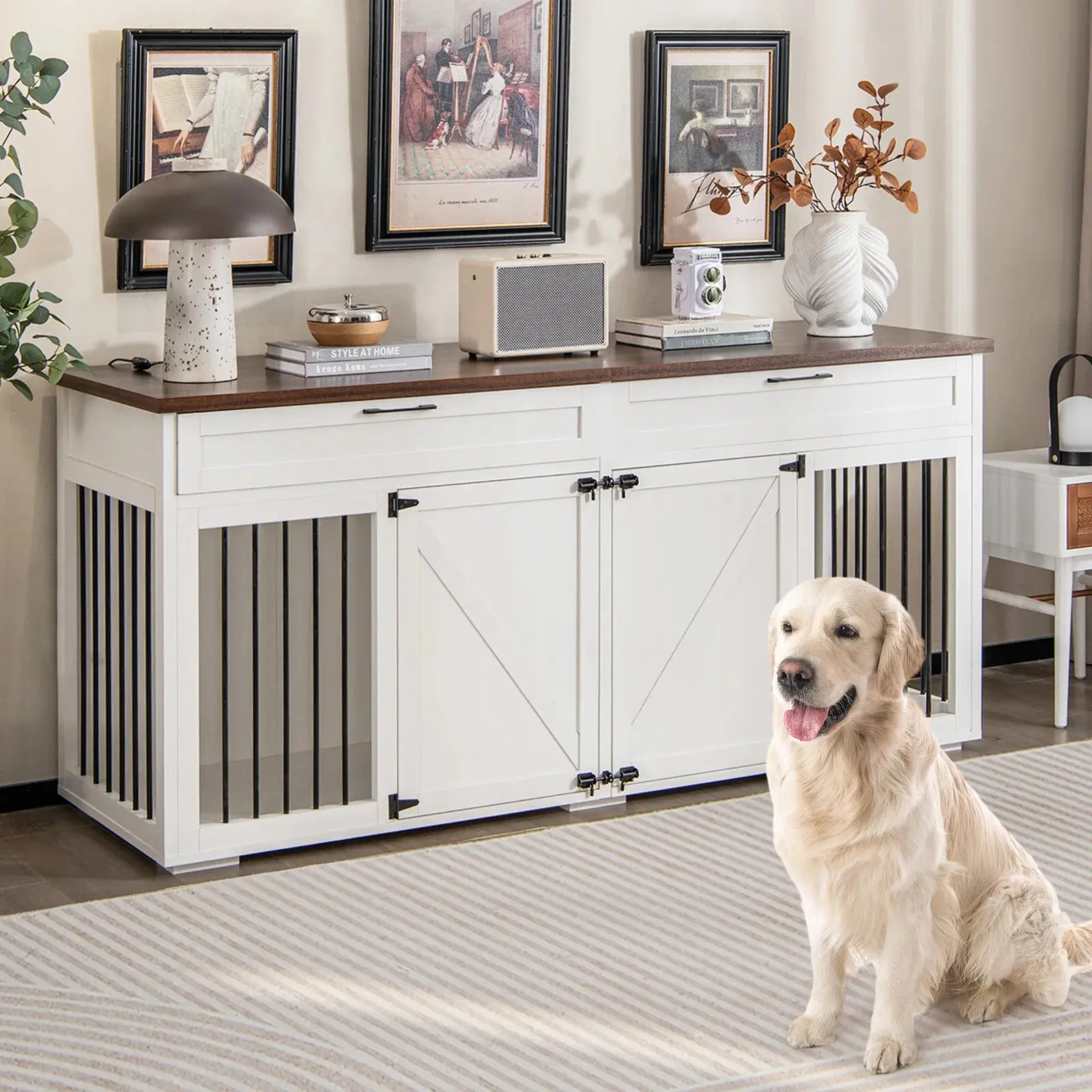 72" Farmhouse Double Dog Crate Furniture For 2 Dogs - Image 9