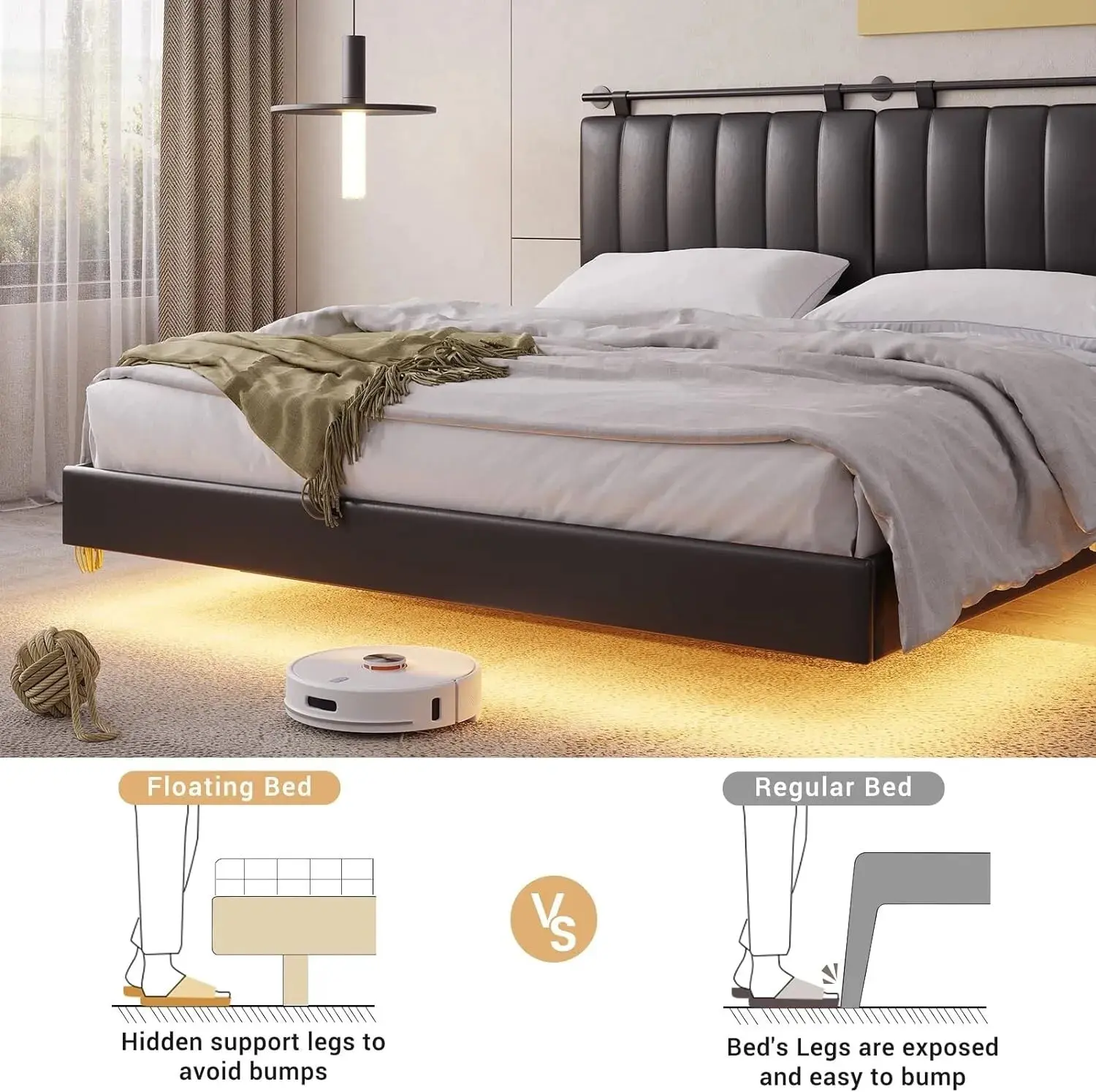 King Size Leather Floating Bed With Lights - Image 4