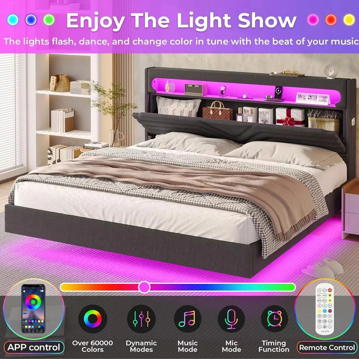 King Size Linen Floating Bed With Lights - Image 4
