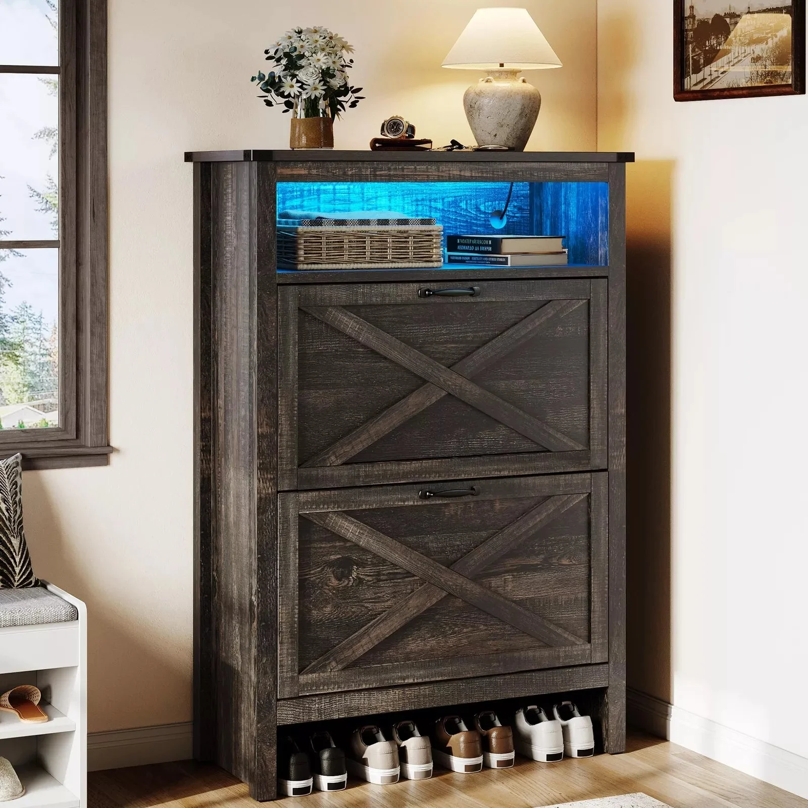 LED Farmhouse Narrow Entryway Shoe Cabinet - Image 5