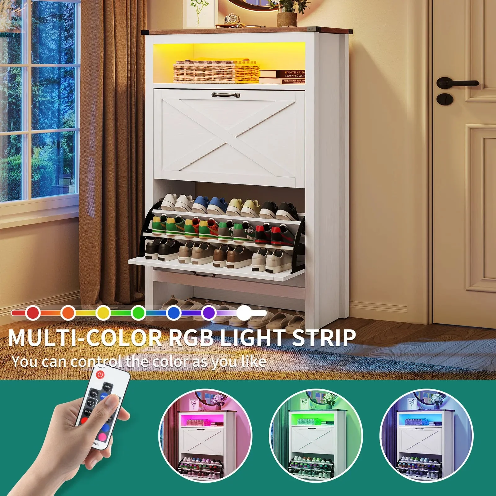 LED Farmhouse Narrow Entryway Shoe Cabinet - Image 6