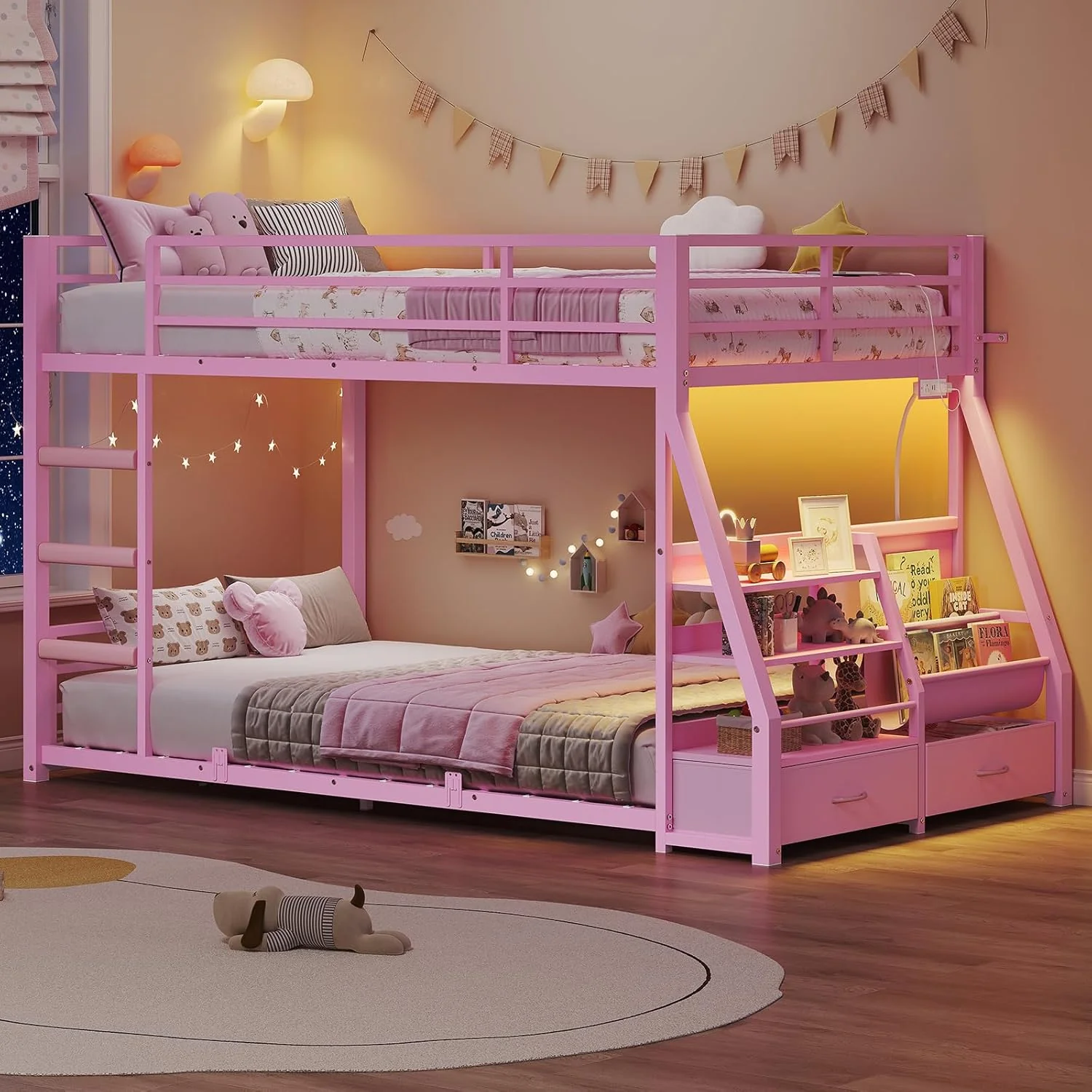 Low Bunk Bed Twin Over Twin with Montessori Bookshelf