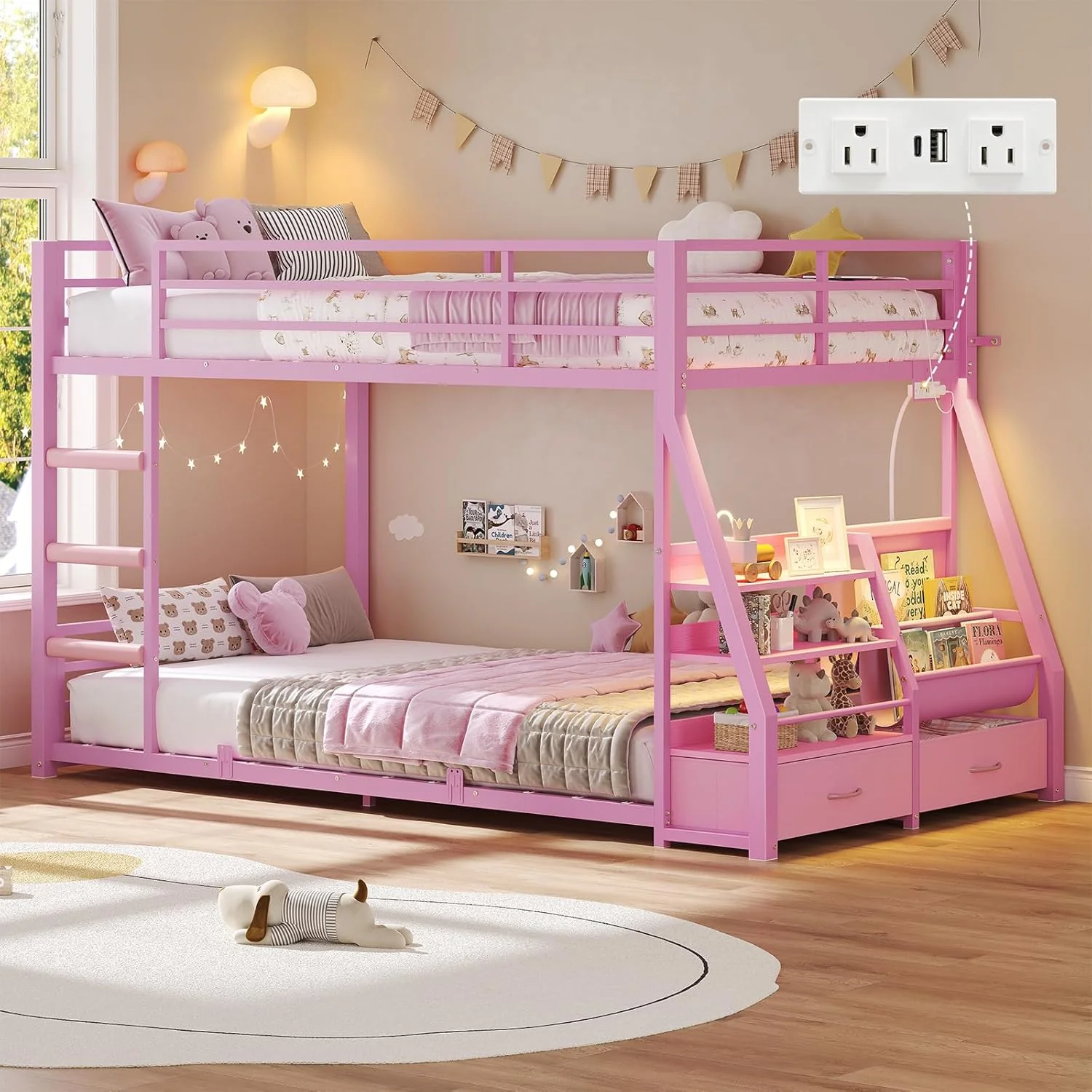 Low Bunk Bed Twin Over Twin with Montessori Bookshelf - Image 3