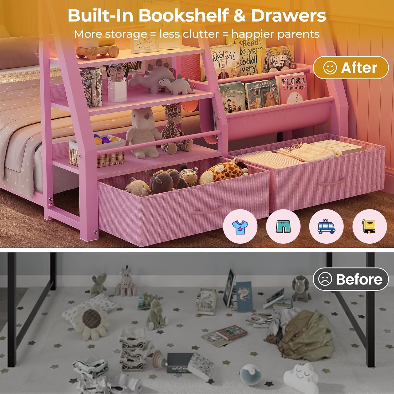 Low Bunk Bed Twin Over Twin with Montessori Bookshelf - Image 6