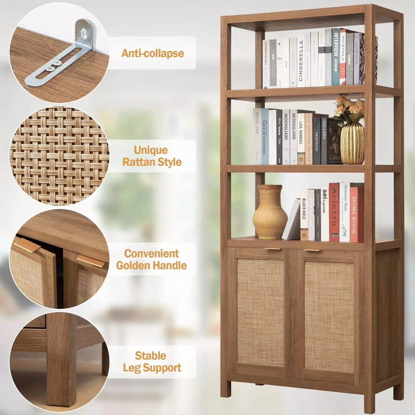 Maia Tall Rattan Bookcase Bookshelf - Image 3