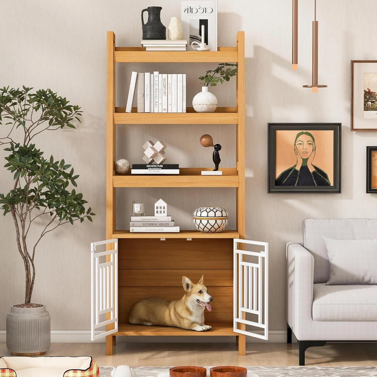 Modern 2 IN 1 Dog Furniture Dog Crate Ladder Bookshelf - Image 2