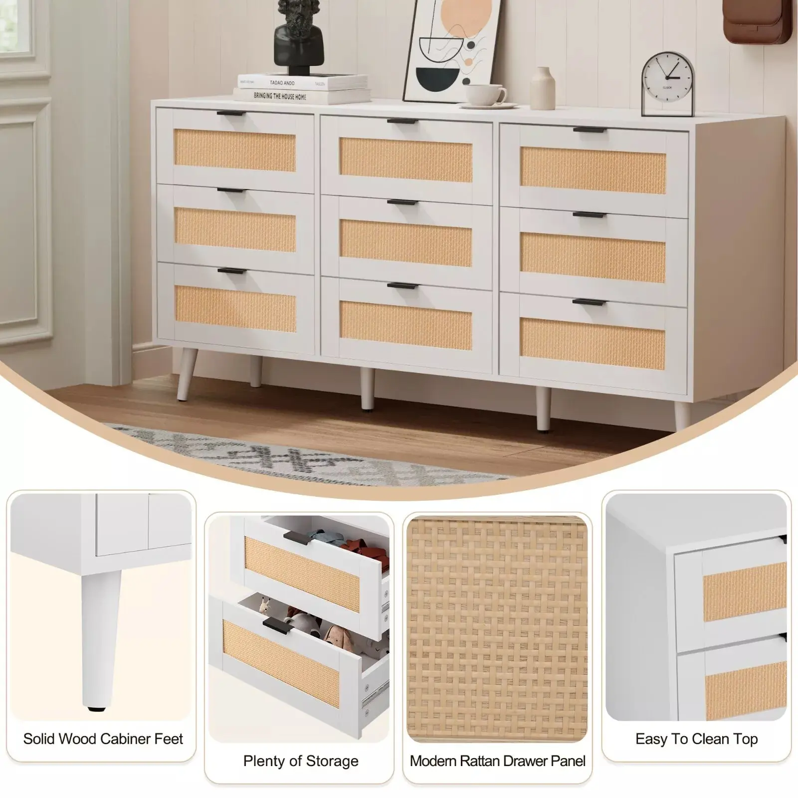 Moss Rattan Wide 9 Drawer Chest Dresser - Image 3