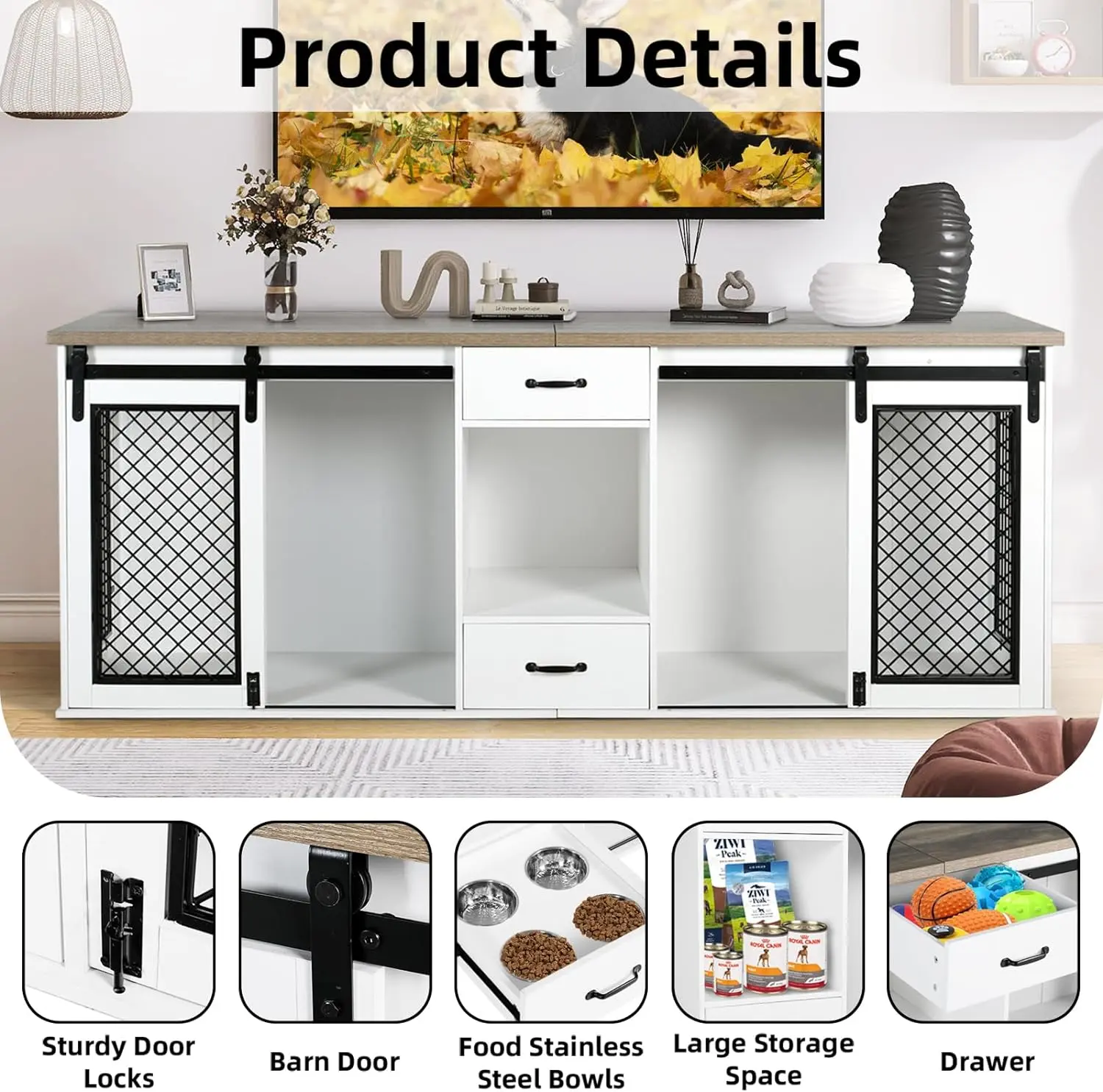 84.6" Payne Double Dog Crate Furniture For 2 Dogs With Bowl - Image 2