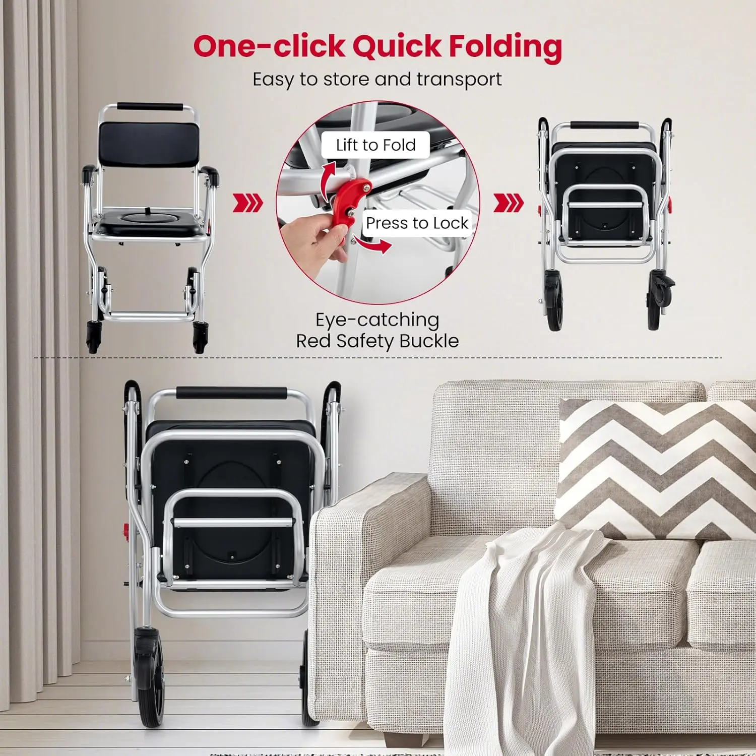 Pitts Foldable Elderly Shower Commode Wheelchair - Image 5