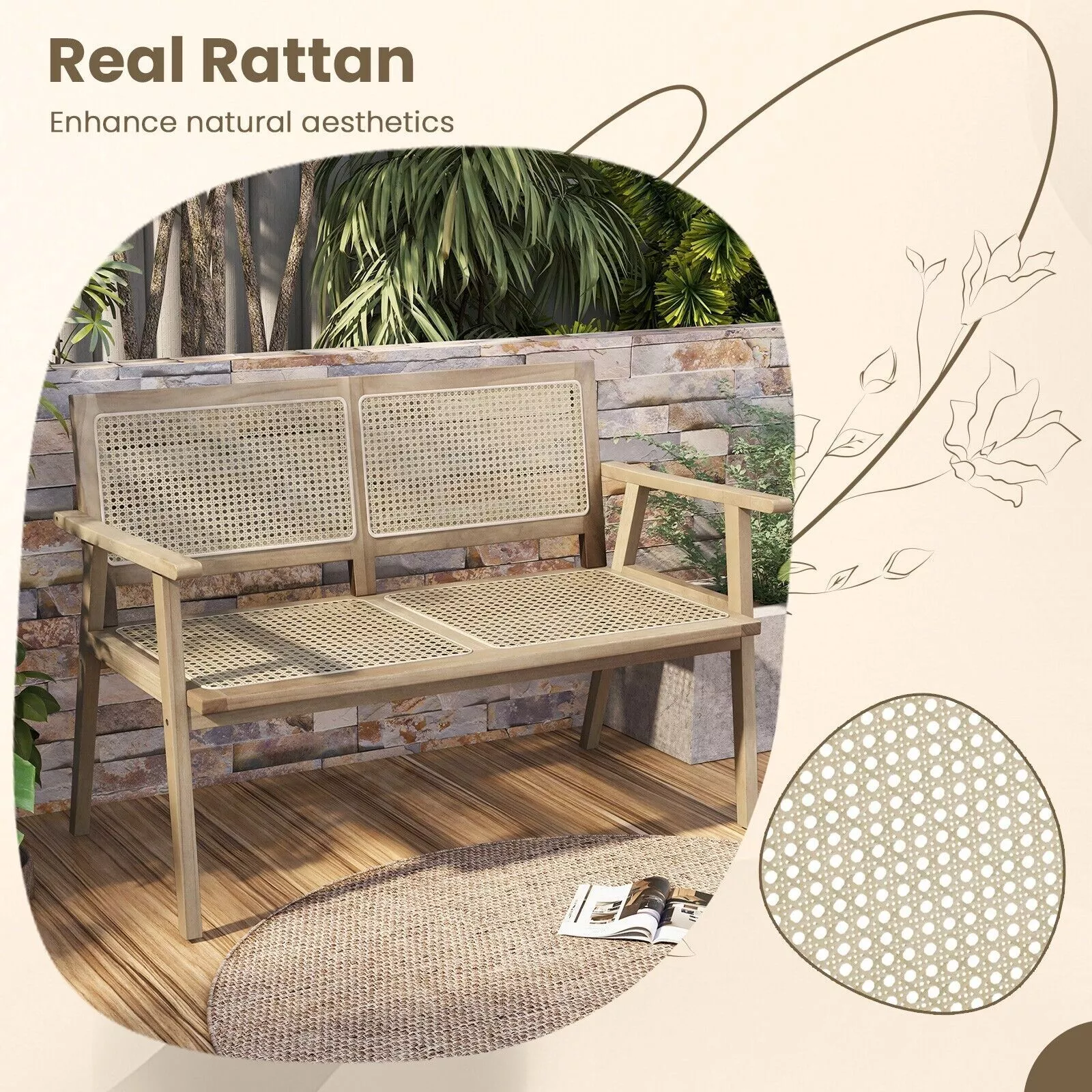Rattan Wooden Outdoor Garden Bench - Image 5