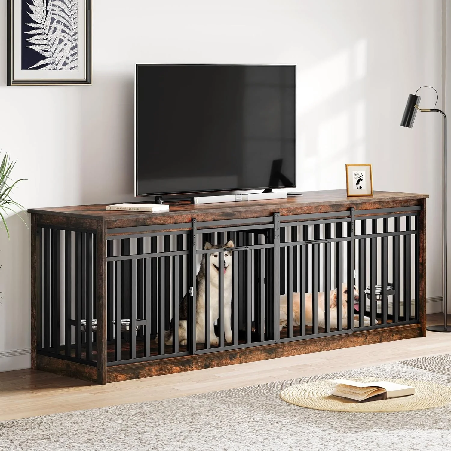 86.6" Ross Double Dog Crate Furniture For 2 Dogs
