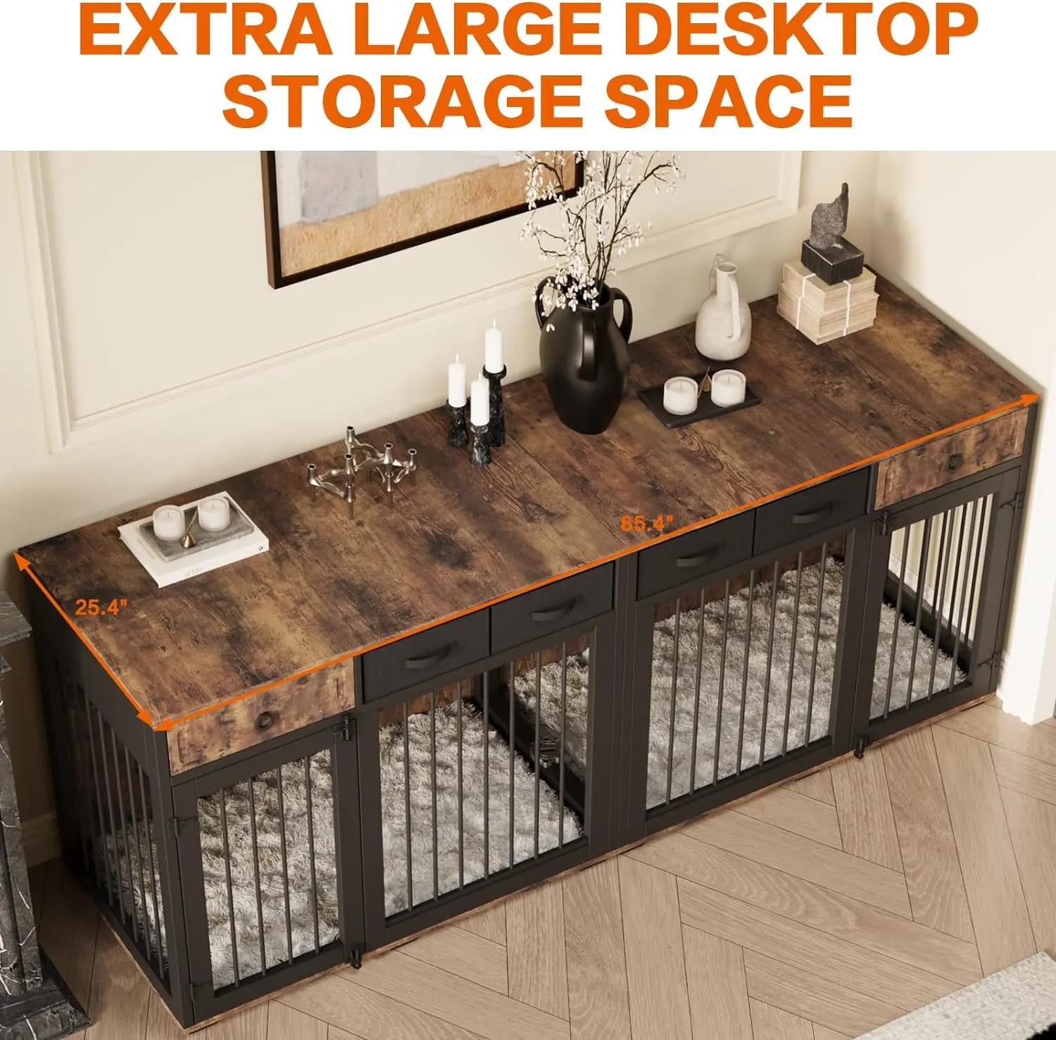 85.4" Rustic Double Dog Crate Furniture For 2 Dogs - Image 4