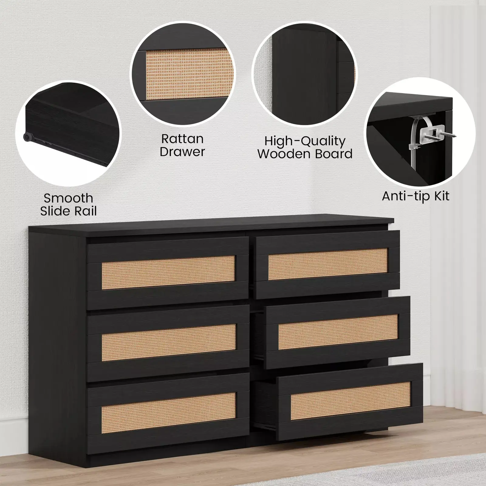 Shaw Rattan Wide 6 Drawer Chest Dresser - Image 5