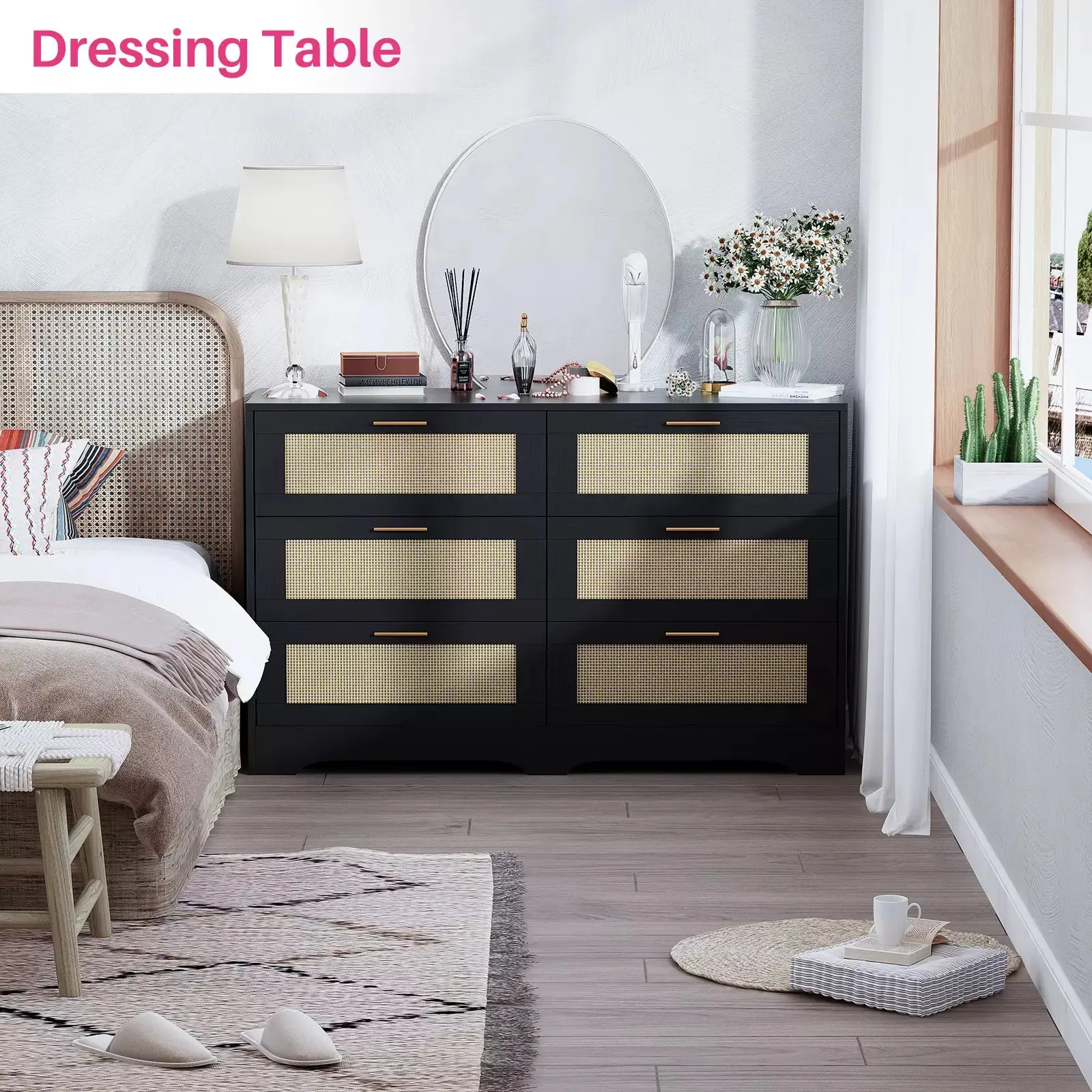 Wade Rattan Black 6 Drawer Chest Dresser - Image 3