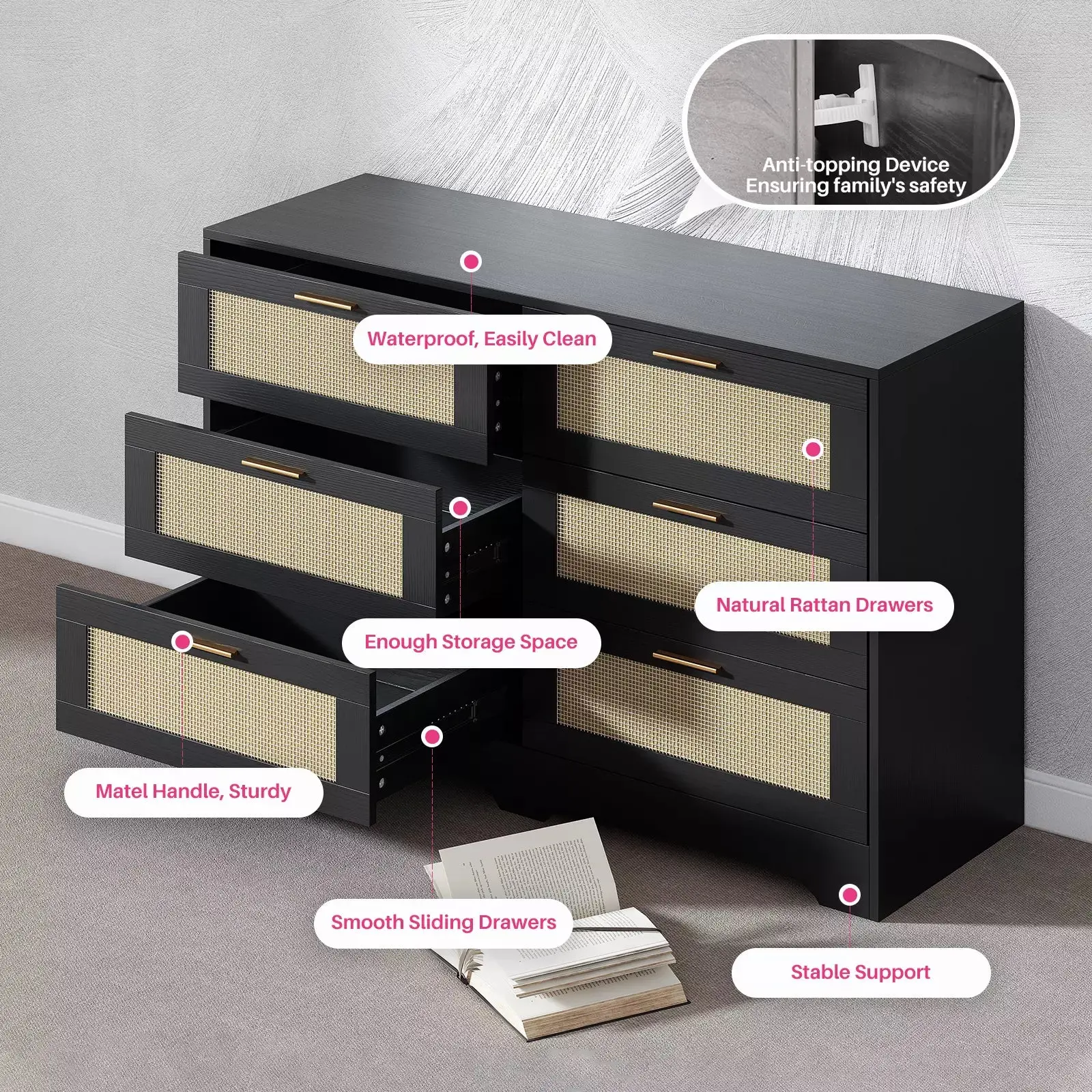 Wade Rattan Black 6 Drawer Chest Dresser - Image 4
