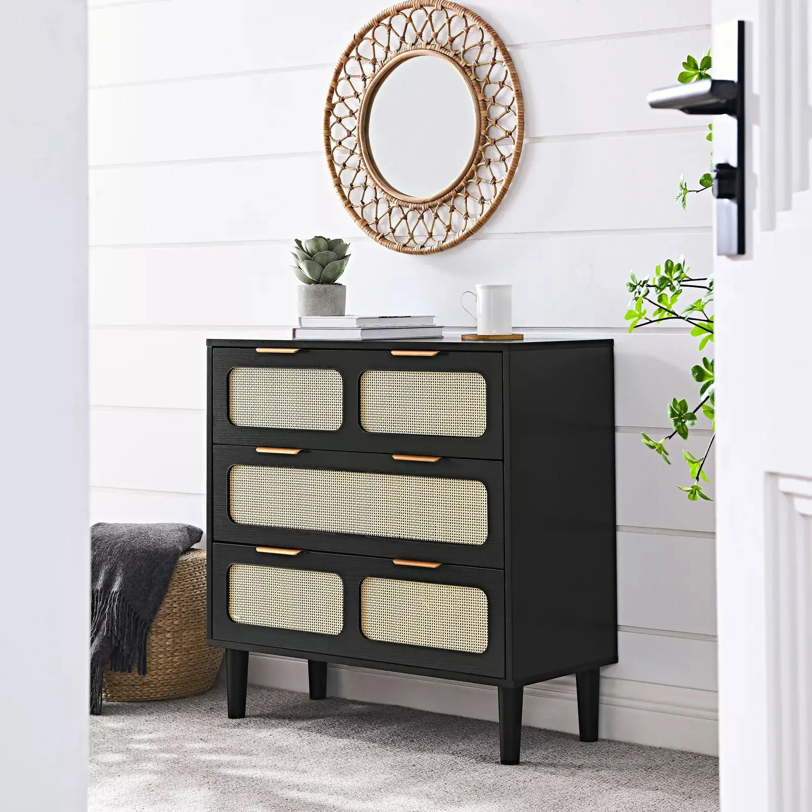 Zain Rattan Black Small 3 Drawer Chest Dresser