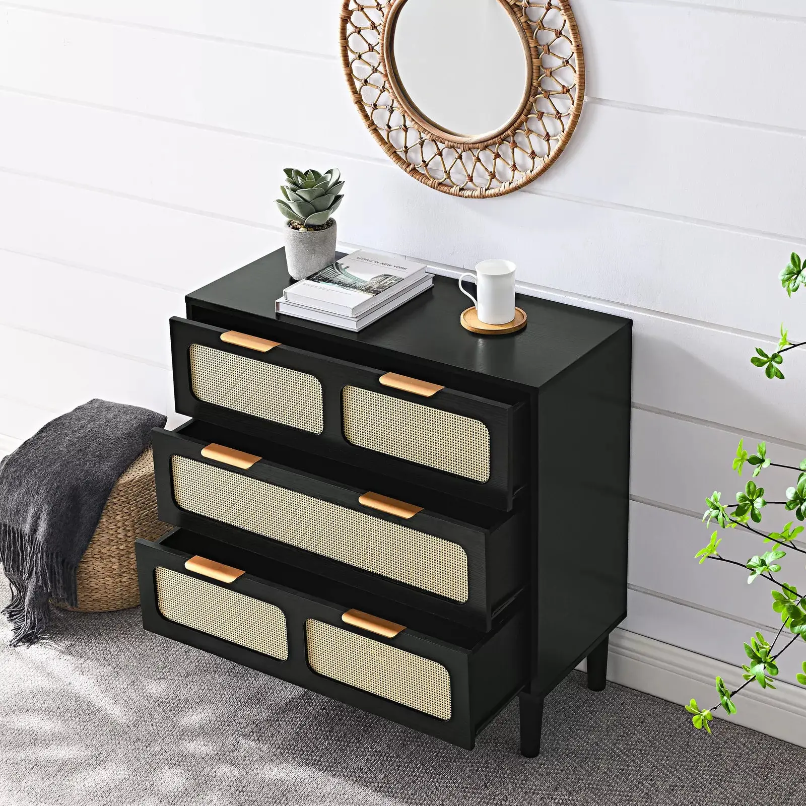 Zain Rattan Black Small 3 Drawer Chest Dresser - Image 2