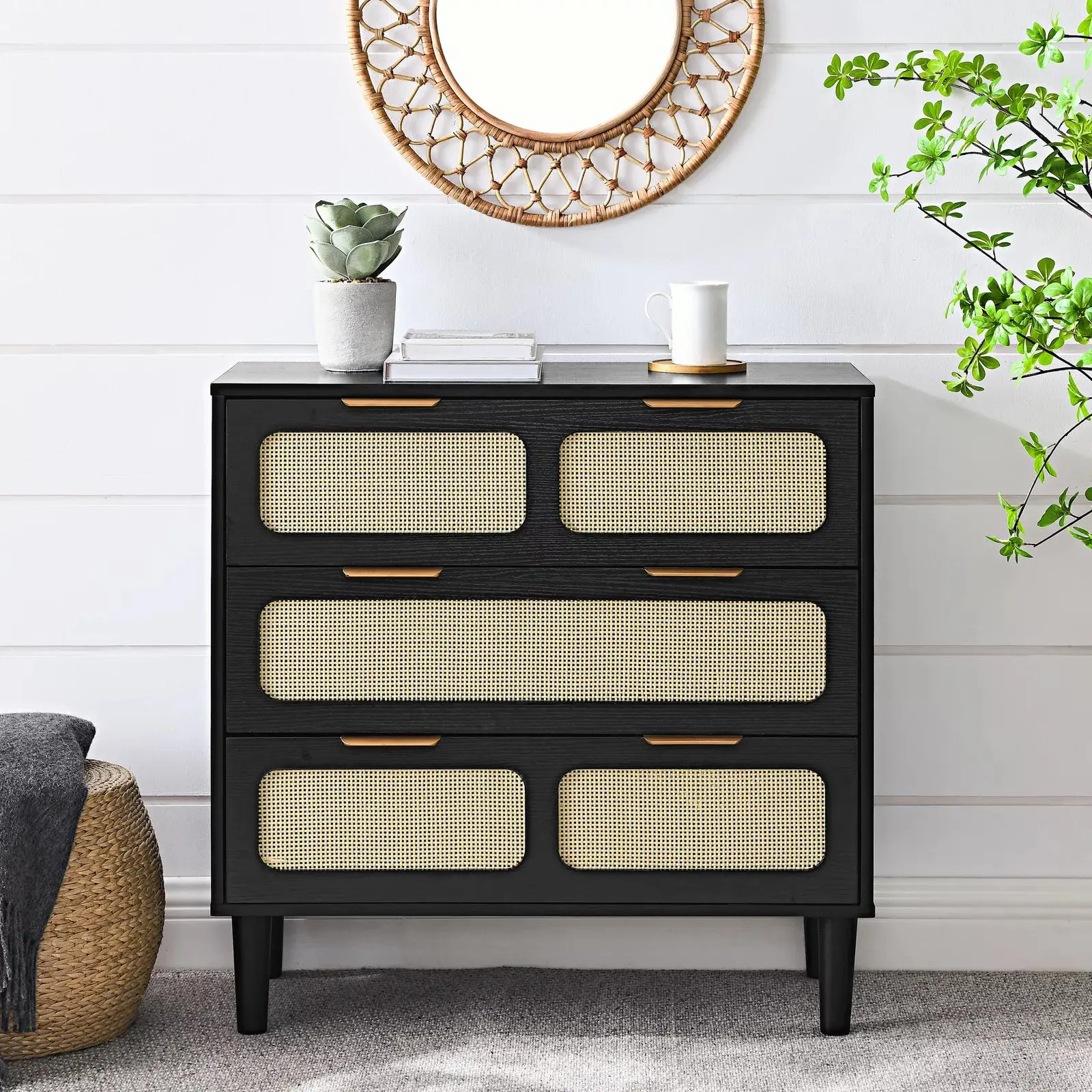 Zain Rattan Black Small 3 Drawer Chest Dresser - Image 3